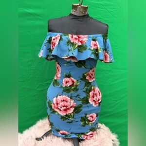 Love T Blue & Pink Floral Off-The-Shoulder Ruffle Mini Dress - Small